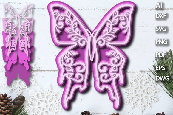 3D Floral Butterfly Pink Multilayer SVG